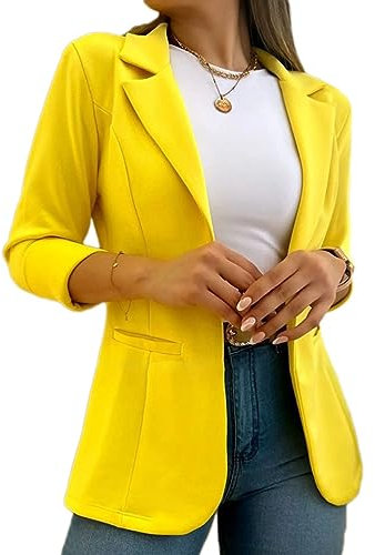 Onsoyours Donna Revers Blazer a Maniche Lunghe Cappotto Colore Solido Elegante Business Blazer OL Giacca Slim Fit Bavero Giacca con Tasche B Giallo XXL