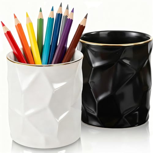 Goaste 2 Pack Ceramic Pen Holder, Geometric Pencil Cup with Gold Trim, Vanity Cosmetic Makeup Brush Organizer, Desktop Stationery Supplies Storage Container for Office Home Countertop Classroom School