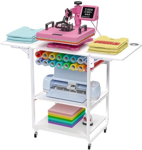 Crafit Mesa móvil para prensa térmica, soporte plegable para máquina de transferencia de calor con porta rollos de vinilo para sublimación, transferencia de calor en camisetas y gorras