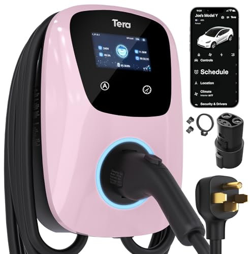 Tera Electric Vehicle Charger for Tesla: J1772 EVs ETL Certified Level 2 48 40 Amp 240 Volt Tesla Home EVSE with Manual Setting Amps Schedule on Unit NEMA 14-50 25 FT Cable W01 Pink