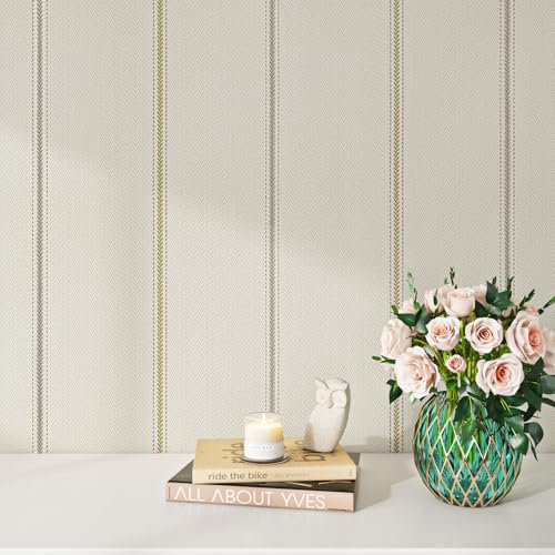 Livelynine Papier Peint Adhesif Mural Chambre Beige Effet Lin Papier Adhesif pour Meuble Cuisine Rouleau Adhesif Decoratif Mural Salon Rayures à Chevrons Vinyle Adhesif Meuble Cuisine Armoire 40CMx2M