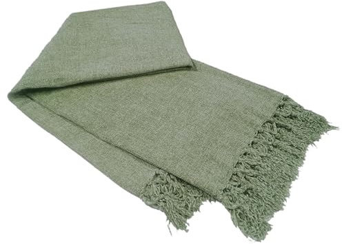 Olivia Rocco Couverture chenille avec pompons pour canapé, chaise, lit, décoration d'intérieur, douce, chaude et confortable, vert sauge, 130 x 170 cm