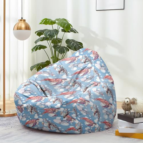 Treer Sitzsack Ohne Füllung 3D Cartoon-Schildkröte Druck Gemütlich Waschbar Sitzsack Indoor für Kinder Erwachsene, Stofftier Aufbewahrung Sitzsackbezug mit Reißverschlus (90x110cm,Blaue Blasen)