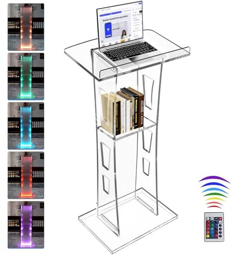 Vakiorn Acryl Podium, Transparenter Acryl Rednerpult mit Speicher Regal, Kirche Kanzel mit 15 Farbe LED-Licht, Stabilität Podium Ständer for Kirche, Vortrag, Hochzeit, Klassenzimmer(23.6x16x 45.2)