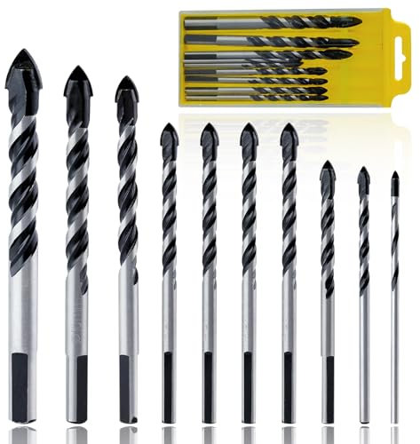 LEONTOOL 10 Pcs Masonry Drill Bit Set for Tile Glass Ceramic Brick Wood, 1/8 to 1/2 Inch Concrete Drill Bit Set, Tungsten Carbide Tipped Spear Cutter, Multi-Material Drilling Bits with Triangle Handle