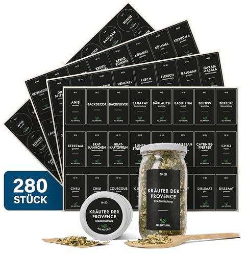 Gewürzetiketten deutsch – 280 Aufkleber für Gewürzgläser – 40 Aufkleber zum Beschriften, 240 mit Gewürzen – Gewürzetiketten selbstklebend – Gewürzaufkleber wasserfest, ölfest, fettfest (schwarz)