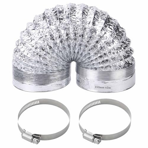 QISF 153mmx2M Aluminium Foil Flexible Ducting,Air Duct Flexible Hose with 2 Clamps for Tumble Drier, Cooker Hood, Extractor Fan, Hydroponics Grow Room,Bathroom Extraction Fan