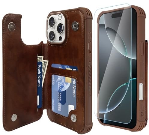VANAVAGY Compatible for iPhone 16 Pro Wallet Case with Credit Card Holder,Rfid Leather Flip Folio Phone Cover Fits Magnetic Car Mount and Stand with Screen Camera Protector,Brown