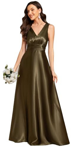 Ever-Pretty Women Dress Midi Bridesmaid Dress High-Low Chiffon with Double V and Long Sleeve Elegant Wedding Guest Dress Olive Green 30UK