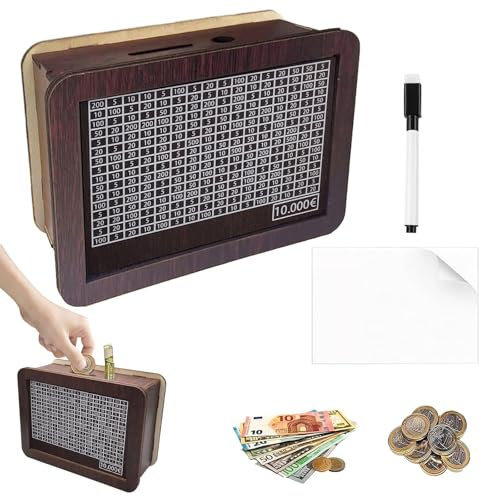 AOMAIGAD Spardose Holz, Sparschwein,Spardose mit zähler,Sparbox mit Zähler zum Ankreuzen Wiederverwendbare, Sparschwein aus Holz für Erwachsene und Kinder mit Sparziel (B-10000€)