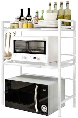 Étagère à micro-ondes à 2 niveaux, plan de travail de cuisine avec 3 crochets et support plaque adhésive, étagère en bambou pour four, étagère multifonctionnelle à suspendre étagère de cuisine (Blanc