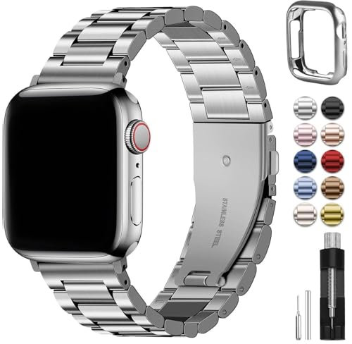 XIRIXX Per cinturini Apple Watch 49mm 45mm 44mm 42mm 41mm 40mm 38mm, cinturino Watch in acciaio inossidabile con custodia per Apple Watch Ultra2 Ultra Series 9 8 7 6 5 4 3 2 1 SE SE2(Silver,42/44/45/4