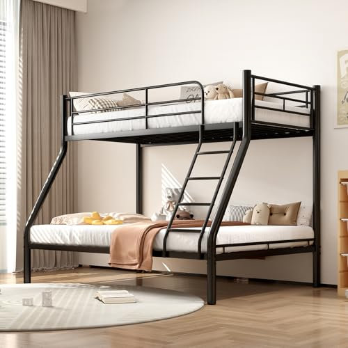 Cenbunsh Bett 90 & 140 x 190 cm, mit Etagenbett, Metall-Etagenbett für Jugendliche und Erwachsene, Etagenbett für 3 Personen, mit Leiter und Geländer (Schwarz-Regelmäßig)