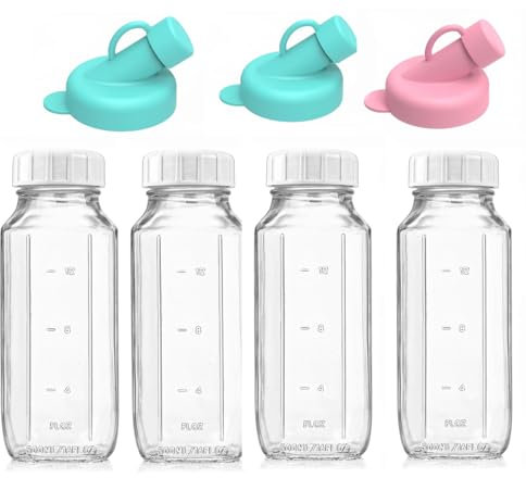Lot de 4 Bouteilles Transparentes en Verre avec Bouchon avec Couvercles, Réutilisables, 500ml, Bouteilles de Jus Pour Laiterie, Jus de Fruits Pour Petit DéJeuner, Pique-Nique, Mariage (4 Pack-500ML)