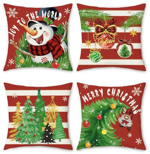 Bonhause 4er Set Kissenbezüge Weihnachten 45 x 45 cm Rot Schneemann Weihnachtsbaum Weihnachtskugel Polyester Leinen Dekorative Kissenhülle für Sofa Schlafzimmer Winter Dekoration