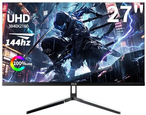 ZZA 4K Gaming Monitor, 27 Inch, Dual UHD (3840 x 2160) 144Hz and FHD (1920 x 1080) 300Hz, Adaptive Sync, HDMI 2.1 and DP 1.4, Tilt Adjustment, VESA