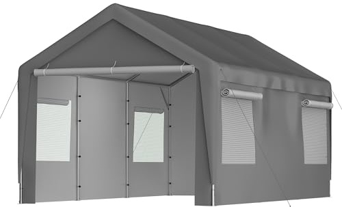 Tente de garage résistante à l'hiver 299 x 598 x 283 cm, abri de voiture avec parois latérales amovibles, fenêtre enroulable, gris, avec fondation, pour voiture, SUV, bateau
