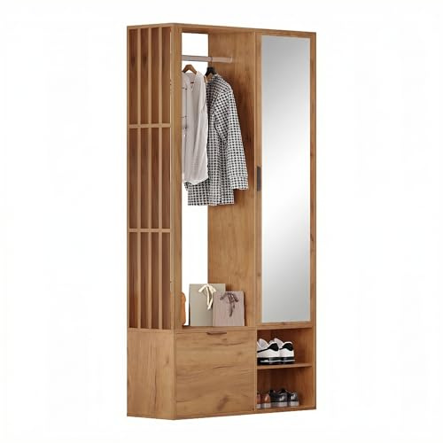 kozamas Armoire vestiaire 6 en 1 avec Miroir et séchoir, Couleur Bois | 9 espaces de rangement, Porte rabattable, Étroite, 100 x 33 x 190 cm, Pour couloir et entrée