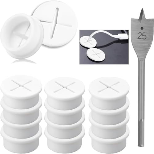KIMHOME 12 Pack Cable Cord Grommet, White Silicone Cable Wall Grommet 25mm Flexible Desk & Wall Hole Cover with Drill Bit for School Computer Office