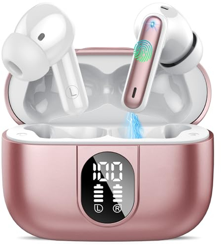 Csasan Wireless Earbuds, 2026 Bluetooth 5.3 Headphones In Ear with 4 ENC Noise Cancelling Mics, 40H Playtime Deep Bass Stereo Bluetooth Ear Buds, IPX7 Waterproof Wireless Earphones, LED Display, Rose