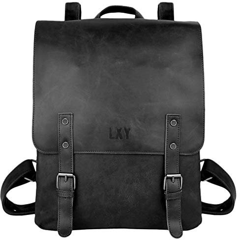 LXY Sac à dos vintage en cuir végétalien, sac à dos pour ordinateur portable et livre pour femmes et hommes, sac à dos en simili cuir noir, sac à dos de voyage de week-end