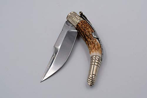 Navaja Clásica Sevillana con carraca artesanal de Albacete de José Antonio Herreros con hoja de acero 440c de 8,2 cm y empuñadura de ciervo. Caza, pesca, supervivencia, artesana Albaceteña