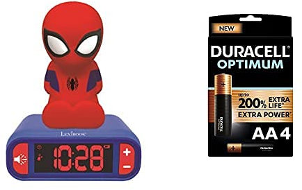 Lexibook- Veilleuse Spider-Man pour Enfant Spiderman Lumineux Effets sonores Marvel Horloge Réveil Garçons Superhéros Snooze Couleur Bleue, RL800SP + Duracell - Nouveau Piles alcalines AA Optimum