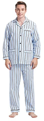 GLOBAL Men's Traditional Cotton Flannel Pyjama Set,Blue Stripes 3,S