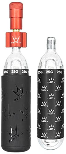 Peaty's Holeshot CO2 Inflator - Reifenfüller Fahrrad mit 2 x 25g CO2 Kartusche, Aufblaskopf und Frostschutzhülle, CO2 Fahrradpumpe Alternative zur Luftpumpe, Geeignet für Presta-Ventile, MTB, Rot