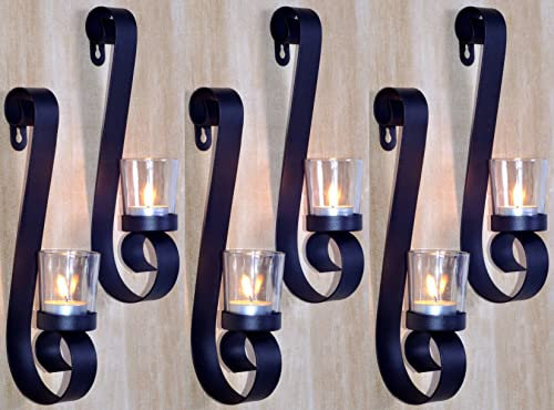 Novaliv 6X Wandkerzenhalter aus Metall mit Glas 9 x 5,5 x 28 cm Schwarz Kerzenhalter Teelichterhalter Wohnzimmer Dekoration Wanddeko Kerzen Vintage Deko Teelicht Wandhalter