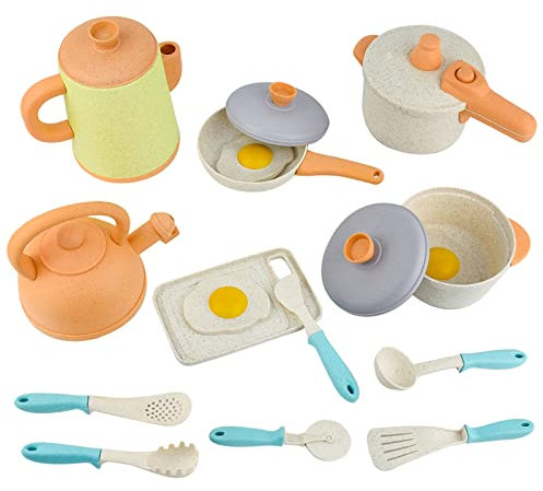 Coriver Spielküche Zubehör, 15 Teiliges Küchenzubehör Kinder mit Topfset Pfannenset, Kindergeschirr Spielküche, Kinderküche Zubehör für Mädchen Jungen 3+ Jahren