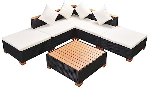 Hommdiy 6-TLG. Garten-Lounge-Set mit Auflagen Poly Rattan Schwarz