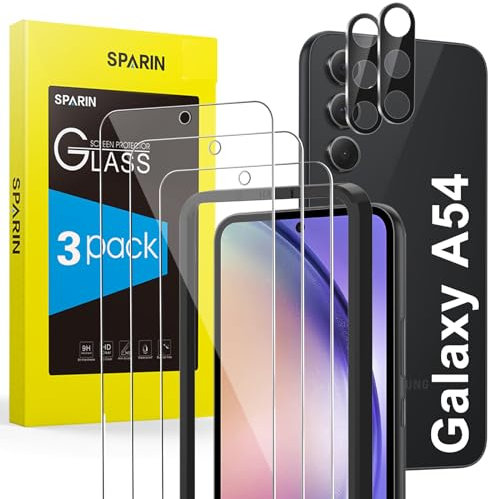 SPARIN 3+2 Stück für Samsung Galaxy A54 5G Panzer Schutz Glas, mit Rahmen-Installationshilfe, 3 Stück Schutzfolie und 2 Stück Kameraschutz für Samsung A54 6,4 Zoll, 9H Härte Glas Folie
