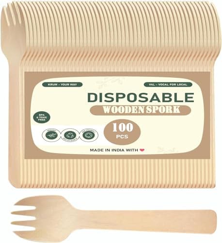 V4L Wooden Disposable Spork 2 in 1 (Spoon + Fork) Mini Wooden Cutlery Set, 16 CM 100 Spoon