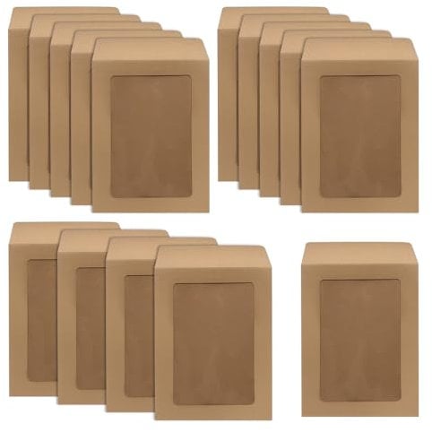 WYAN 15 Window Envelopes, Kraft Envelopes, Clear Window Envelope for Gift Cards, Greeting Cards, Invitations, Classic Flap Envelope (15 * 11cm)