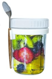 LyallPuria 1 Pack Overnight Oats Jar with Lid and Spoon, 12oz/350ml Airtight Oat Glass Containers for Milk, Yogurt, Cereal Storage, Meal Prep Jars with Measurement Marks (White)