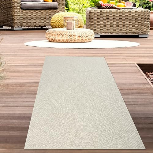 CARPETIA Teppich In- und Outdoorteppich Läufer Kleiner Balkon Terrasse Wintergarten wetterfest Jute Look rundes Linienmuster Creme, 60 x 90 cm