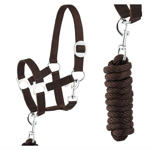 Halfter Führstrick Set mit Karabinerhaken verstellbar Pferdehalfter Pferd Holzpferd Anbindestrick (Karabinerhaken Dunkelbraun, Pony)
