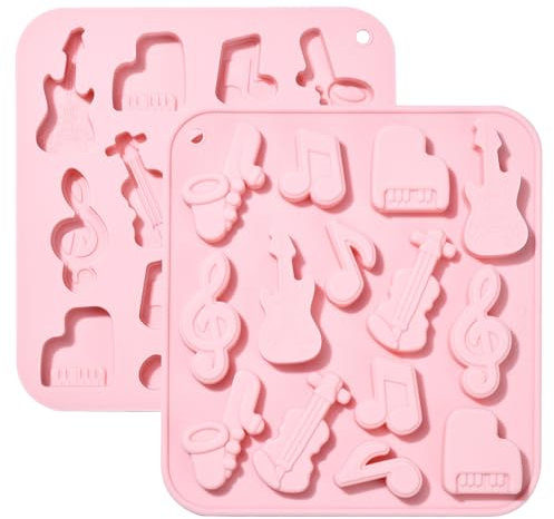 Stiesy 2Pcs 14 Cavity Music Instruments Silicone Moulds Reusable Guitar Piano Shaped Silicone Fondant Cake Mould Musical Note Baking Molds for DIY Soap Pudding Candy Chocolate Jelly