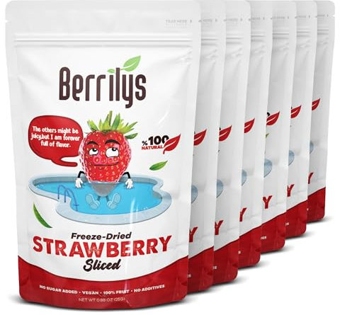 Berrilys Freeze Dried Sliced Strawberries, Healthy Snack, Great for Cake Decorating, No Added Sugar, Non-Gmo, Pack of 7, 25gr each