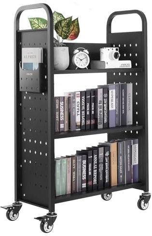 VEVOR Carro para Libros de 3 Niveles Estantería de Libros con Ruedas 77 x 38 x 122 cm Estante de Almacenamiento en Forma de L Carro Rodante para Biblioteca, Librería, Oficina, Escuela, Negro