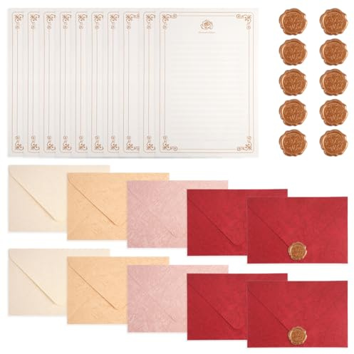 30 Stück Vintage Briefpapier mit Umschlag Set, 10 Leinenumschlag Umschläge | 16 X 11,5cm, Enthält 10 Blatt A5-Briefpapier und 10 Wachssiegel, Vintage Papier für Hochzeitseinladungen, Liebesbriefe