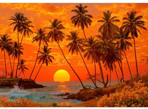 Tropical Sunset 1000 Piece Puzzle for Adults, High Difficulty Beach Jigsaw with Palm Trees & Ocean Waves, 28x20 Inch, Letters on Back, Relaxing Wall Art & Challenging Family Game