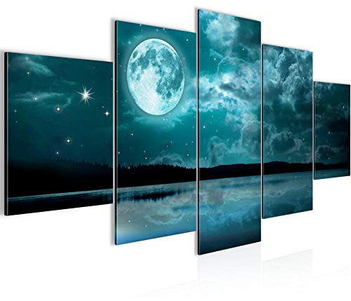 Runa Art - Bilder Nachthimmel Mond 200 x 100 cm 5 Teilig XXL Wanddekoration Design Türkis 607551c