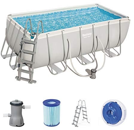 Bestway Power Steel Framepool - Set de Piscina Rectangular con Bomba de Filtro y Escalera de Seguridad, 412 x 201 x 122 cm