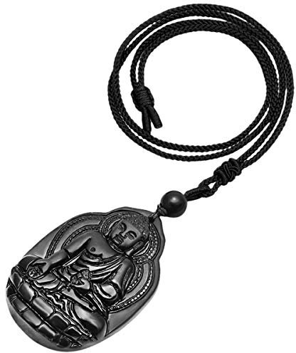 KYEYGWO Schwarzer Obsidian Kristall Stein Anhänger Halskette für Unisex Healing Lucky Sakyamuni Buddha Halskette für Schutz Reiki mit verstellbarem Seil, 66 cm-70 cm