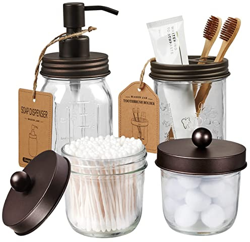 Amolliar Mason Jar Bathroom Accessories Set(4 Pack) -Bronze-Lotion Soap Dispenser&Qtip Holder Set&Toothbrush Holder-Rustic Farmhouse Decor Apothecary Jar Bathroom Countertop,Vanity Organize (Bronze)