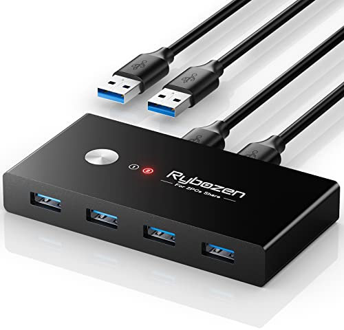 USB 3.0 Switch Selector, 2 Computer Sharing 4 USB Devices, Peripheral Switcher Box for Mouse Keyboard Scanner Printer PC, with One Button Swapping and 2 Pack USB 3.0 Cable
