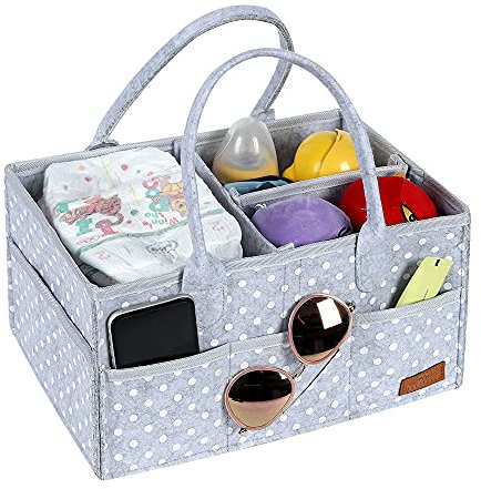 WHATWEARS Baby Windel Caddy Organizer, Hellgrau Windel Korb Organizer, Tragbare Filz Windel Organizer mit 3-Compartment, Wechselbaren Fächer und 8 Taschen