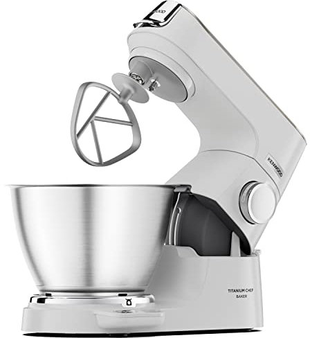 Kenwood Titanium Chef Baker, Kitchen Machine with K-Whisk, Stand Mixer with Kneading Hook, Whisk and 5L Bowl, KVC65.001WH, Power 1400W, White